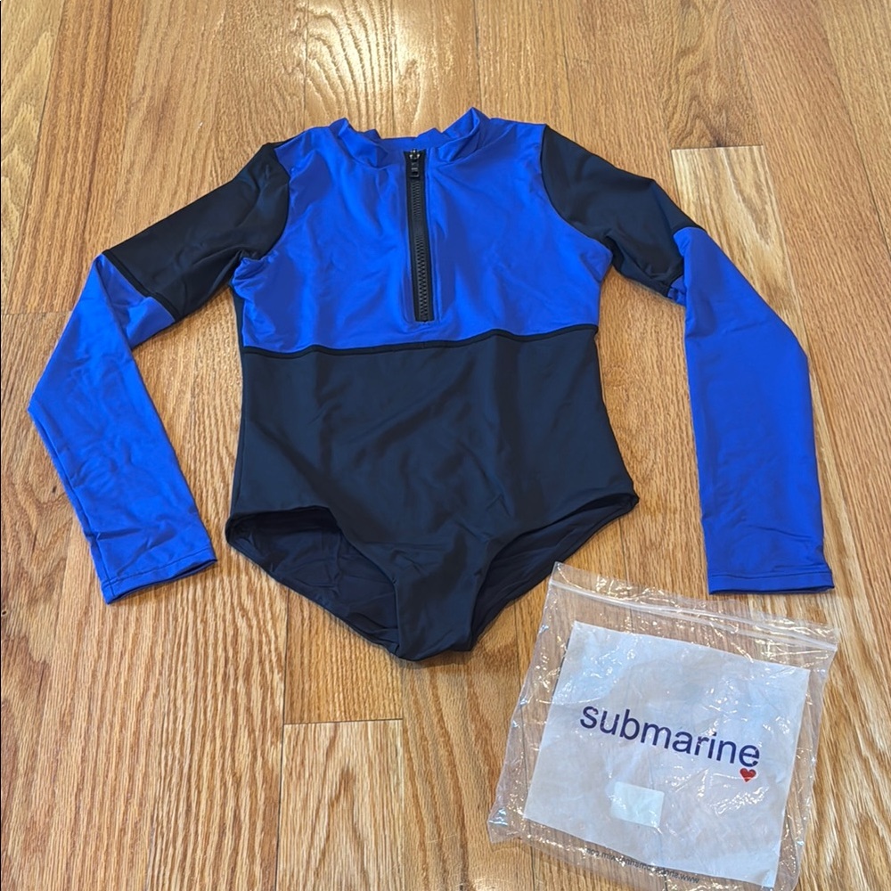 GIRLS size 12 Submarine swim Blue and Black long sleeve swimsuit